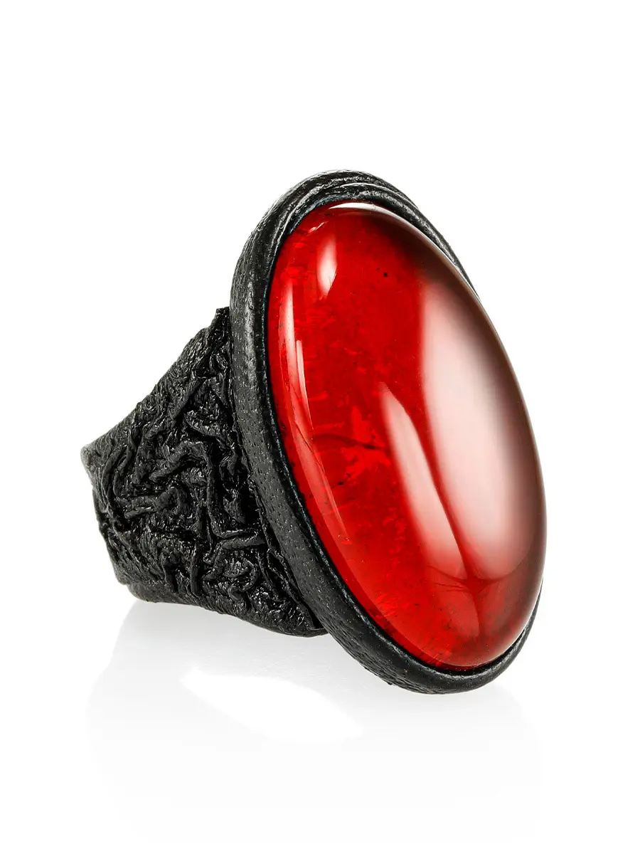 картинка Эффектное крупное кольцо из кожи и натурального янтаря «Нефертити» в онлайн магазине