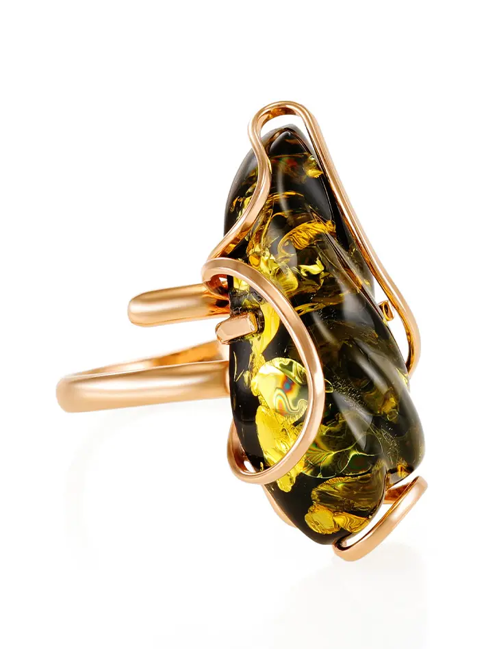 картинка Роскошное кольцо из зелёного янтаря в золоченном серебре «Риальто» в онлайн магазине