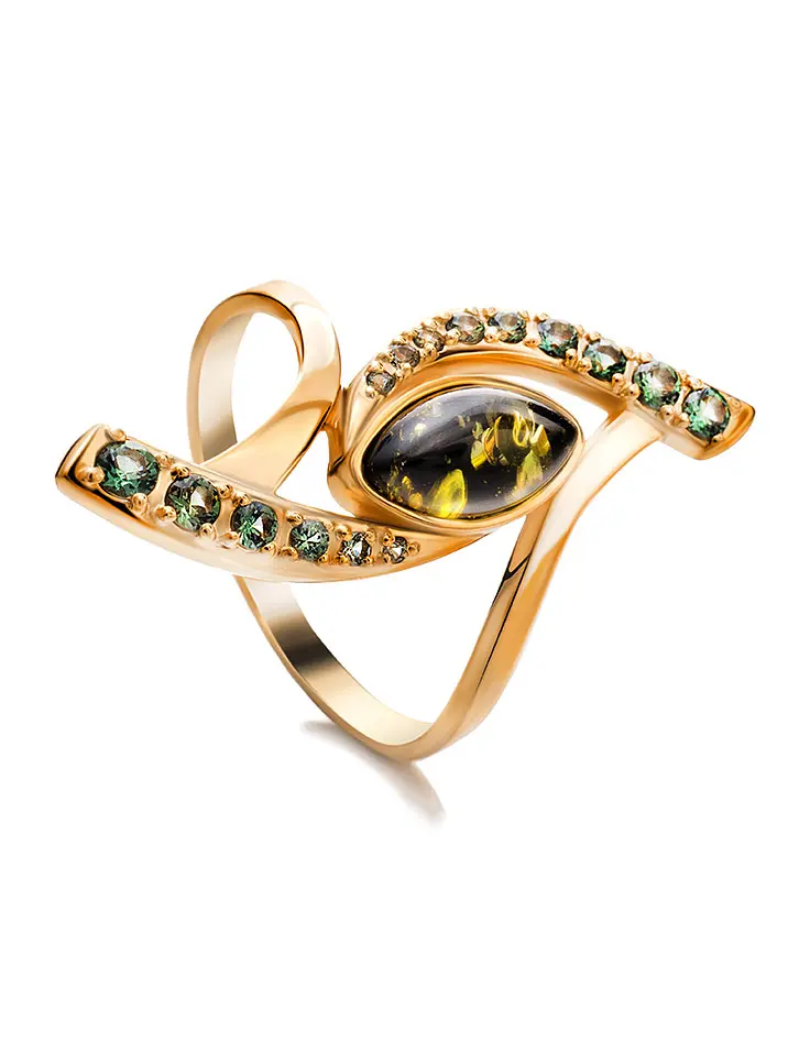 картинка Изысканное золотое кольцо «Ренессанс» с зелёным янтарём в онлайн магазине