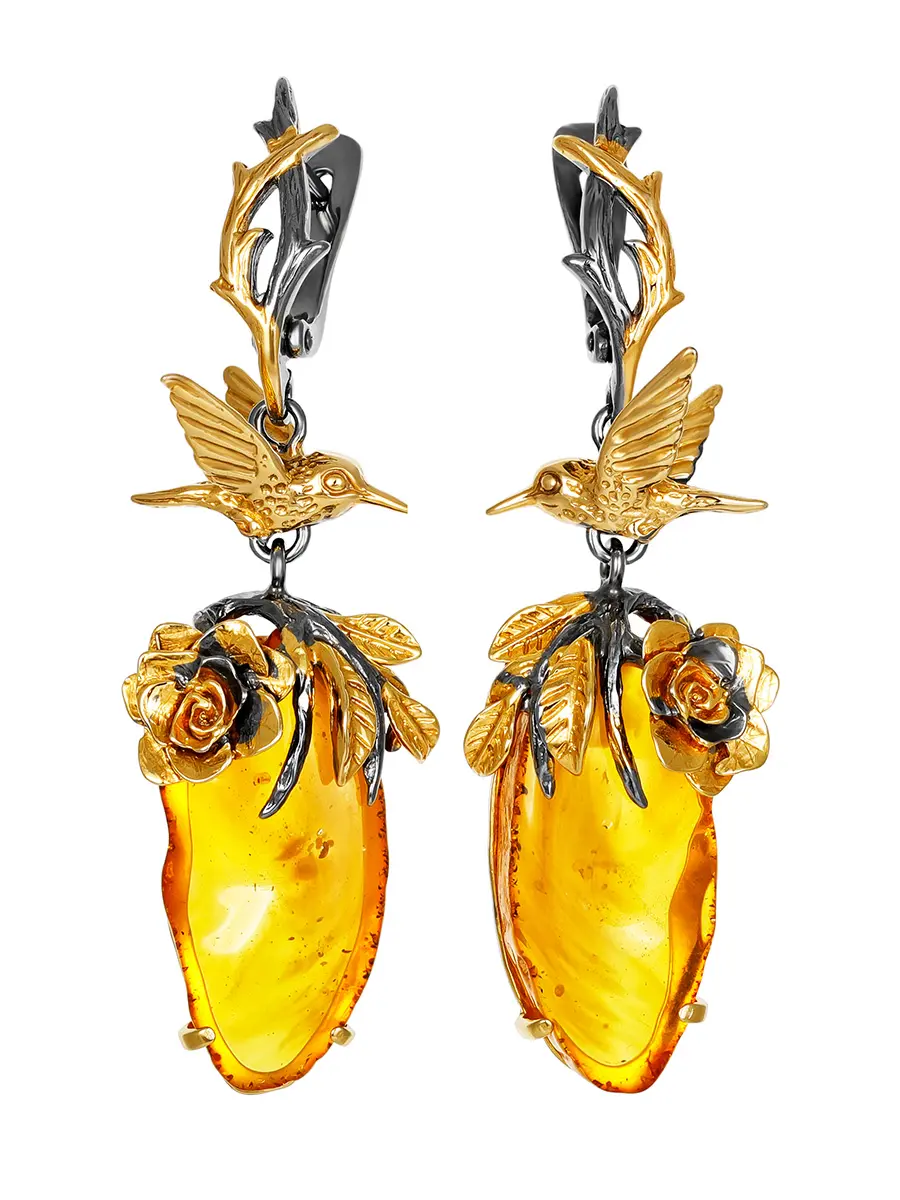 картинка Необычные, очень нарядные серьги из позолоченного серебра и янтаря «Колибри» в онлайн магазине