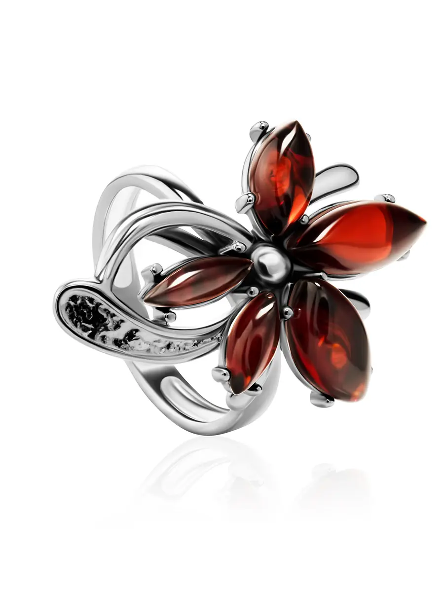 картинка Серебряное кольцо с янтарными вставками вишневого цвета «Барбарис» в онлайн магазине