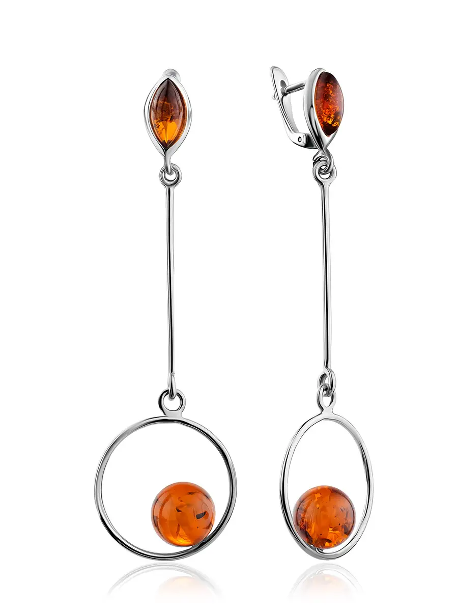 картинка Удлинённые серьги из серебра с янтарём коньячного цвета «Юпитер» в онлайн магазине