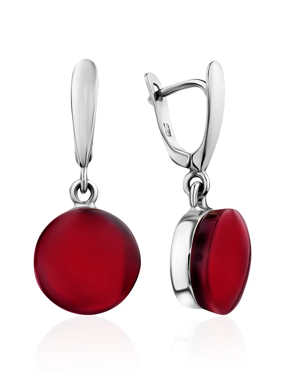 картинка Стильные серьги из серебра с ярко-красным янтарём «Сангрил» в онлайн магазине