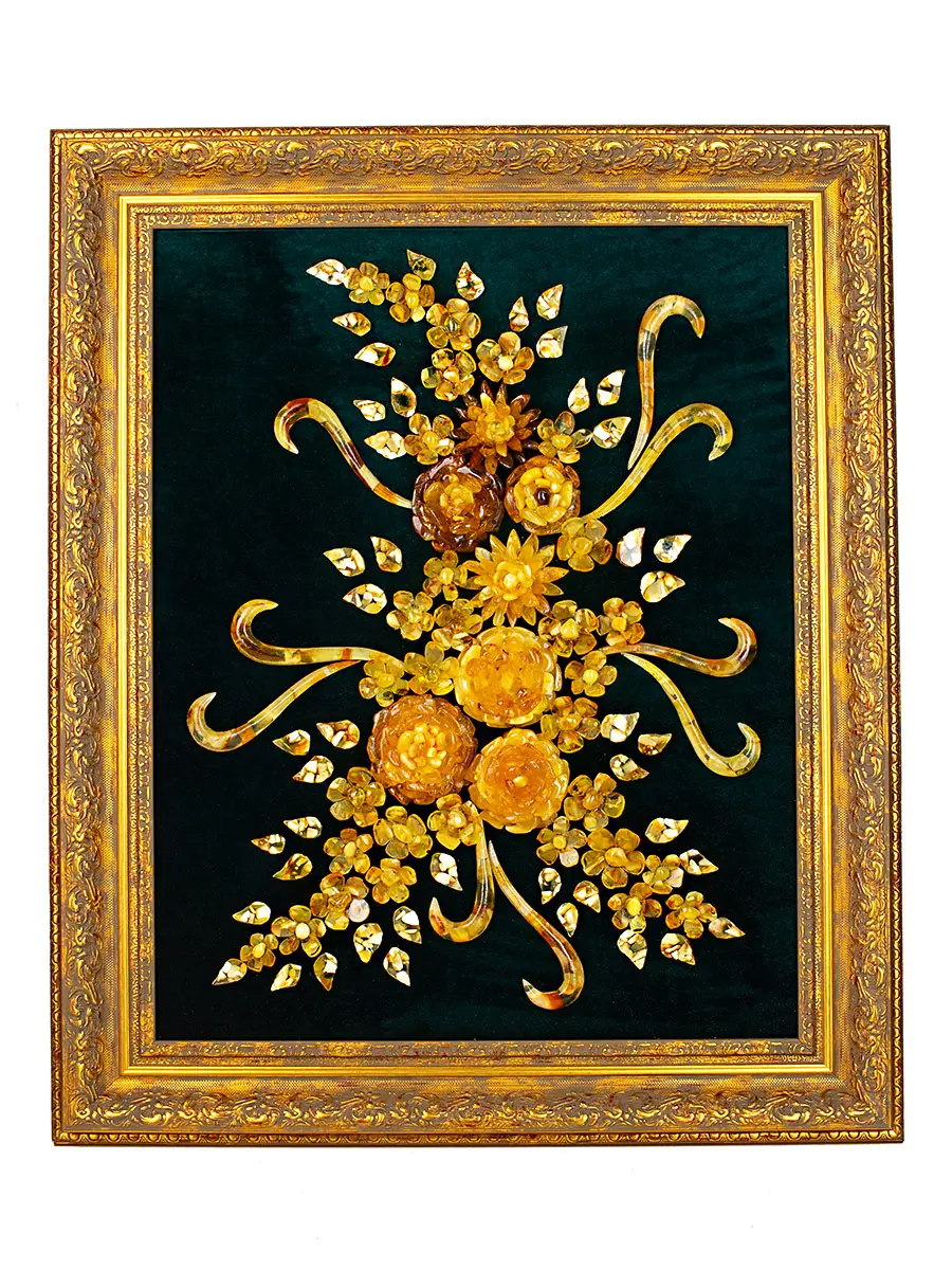 картинка Картина из натурального янтаря на зелёном бархате «Хризантемы» в онлайн магазине
