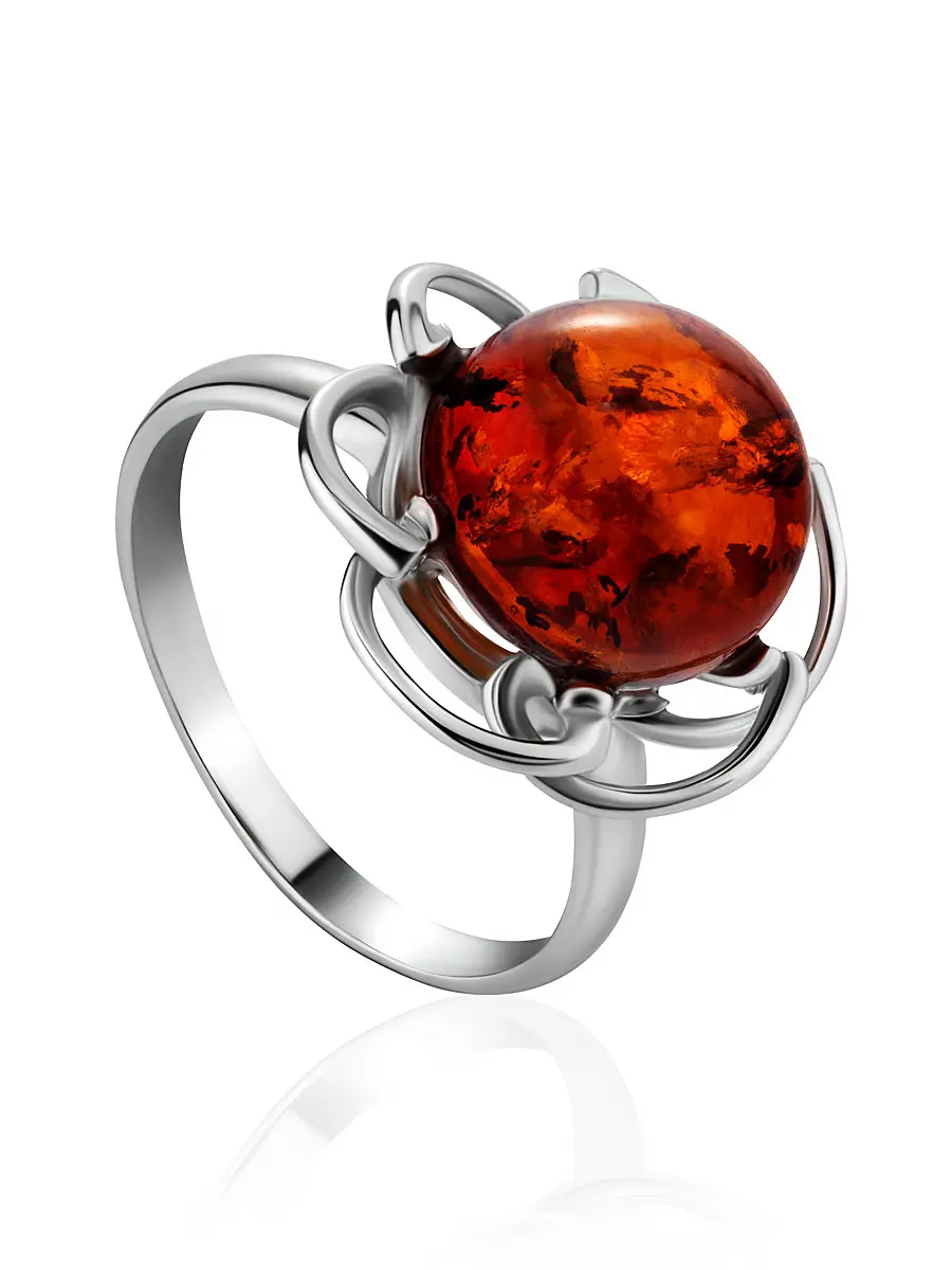картинка Воздушное серебряное кольцо с натуральным янтарём коньячного цвета «Ромашка» в онлайн магазине