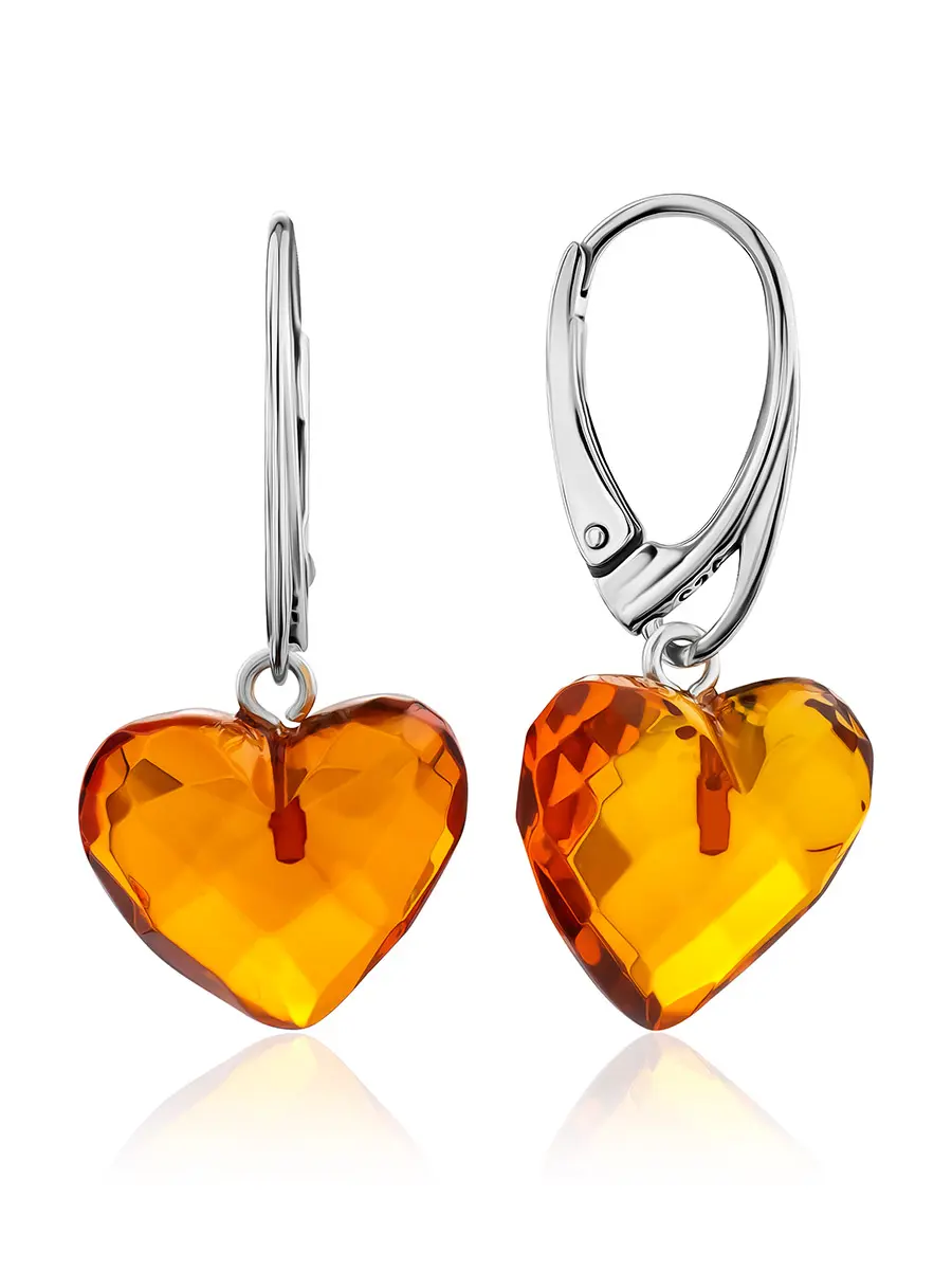 картинка Яркие серьги из натурального балтийского янтаря «Сердечки алмазная грань» в онлайн магазине