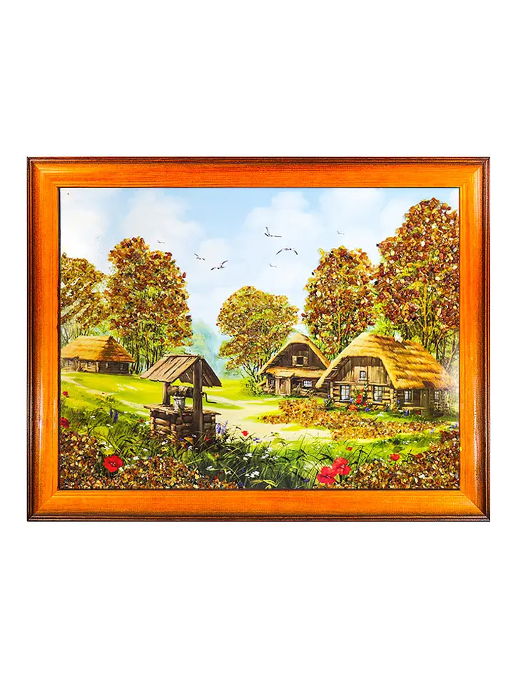 картинка Горизонтальная картина, украшенная россыпью натурального балтийского янтаря «Дворик с колодцем» в онлайн магазине