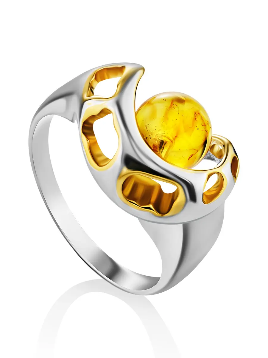 картинка Яркое кольцо «Мадагаскар» из серебра с позолотой, украшенное янтарём в онлайн магазине