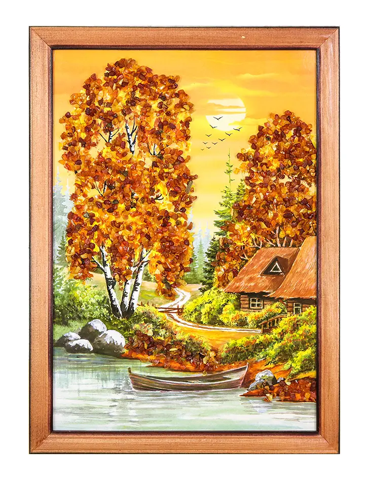 картинка Вертикальная картина, украшенная натуральным балтийским янтарём «Журавлиный клин» 32 (В) х 23 (Ш)  в онлайн магазине