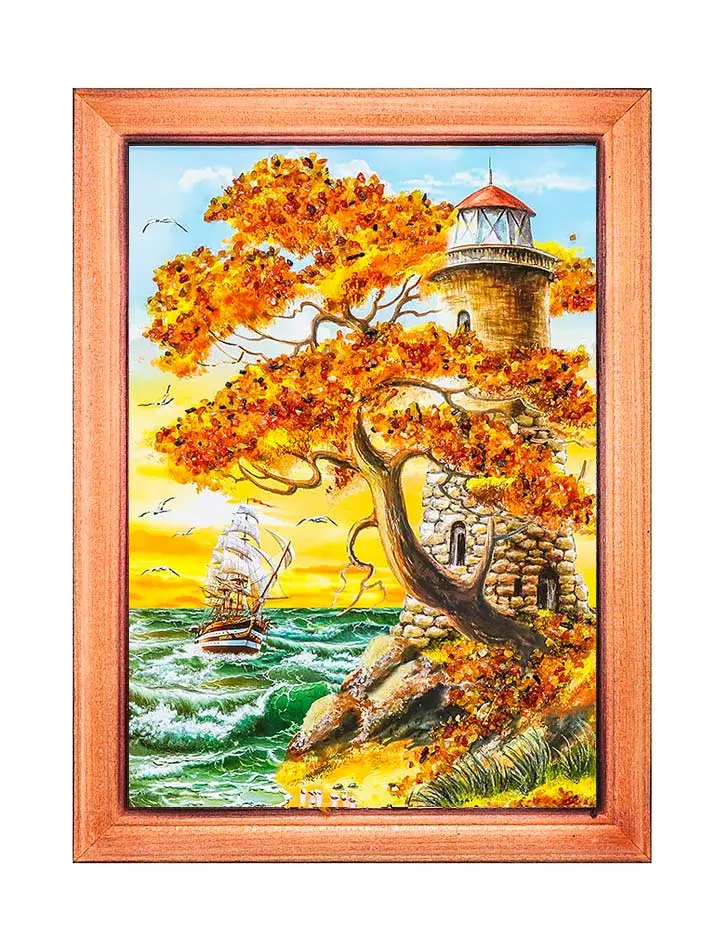 картинка Пейзаж, украшенный россыпью натурального янтаря «Маяк у старой сосны» 24 см (В) х 17 см (Ш) в онлайн магазине