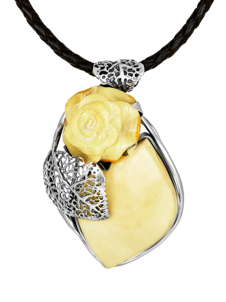 картинка Необычное колье «Роза» из резного янтаря и ажурного серебра в онлайн магазине