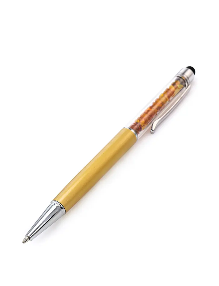 картинка Ручка-стилус золотистого цвета, декорированная натуральным балтийским янтарём в онлайн магазине