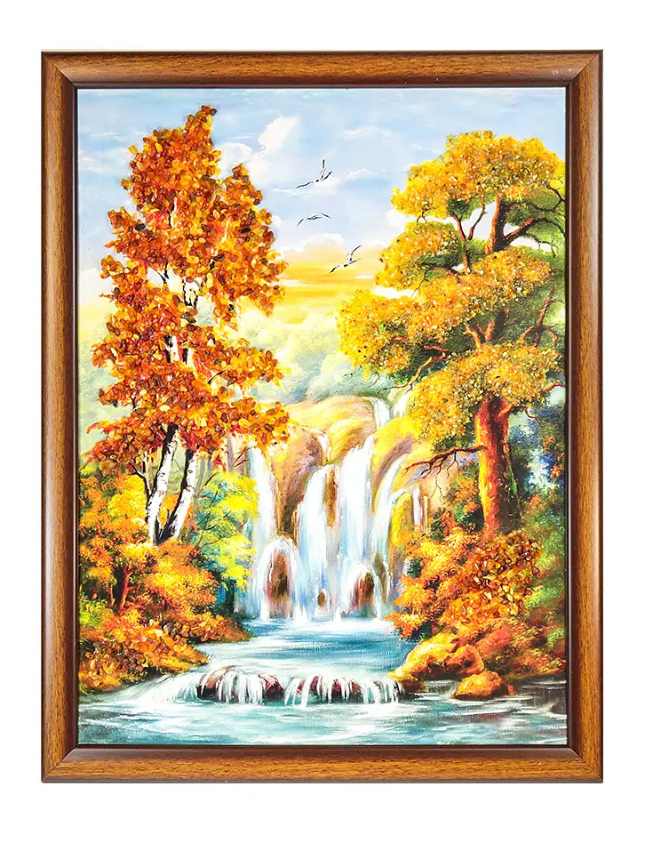 картинка Вертикальная картина, украшенная россыпью натурального янтаря «Сосна у водопада» в онлайн магазине
