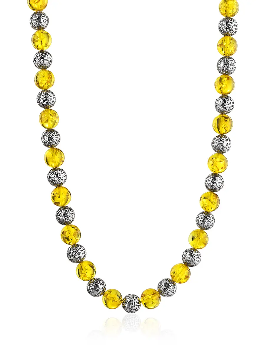 картинка Роскошные бусы из натурального золотисто-лимонного формованного янтаря и серебра 925 пробы «Афродита» в онлайн магазине