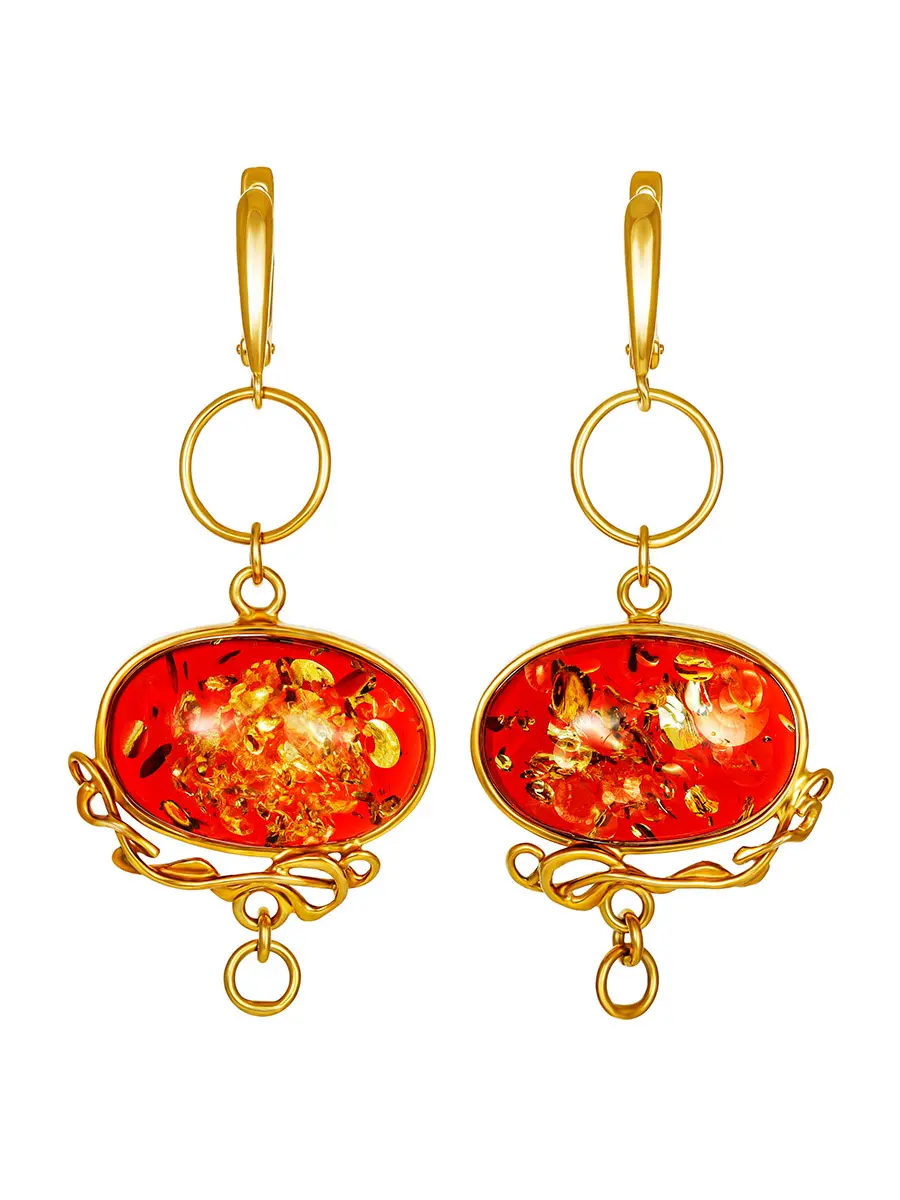 картинка Яркие эффектные серьги «Версаль» с красным янтарём в онлайн магазине