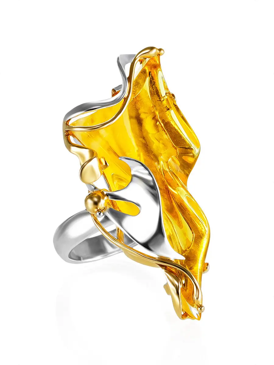 картинка Изящное позолоченное кольцо с натуральным янтарём лимонного цвета «Версаль» в онлайн магазине