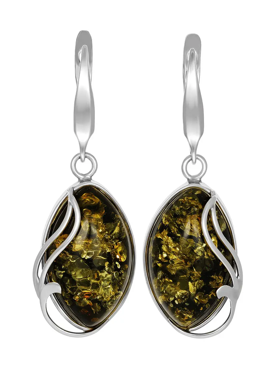 картинка Овальные серебряные серьги «Маньяна» с красивым искрящимся зеленым янтарем в онлайн магазине