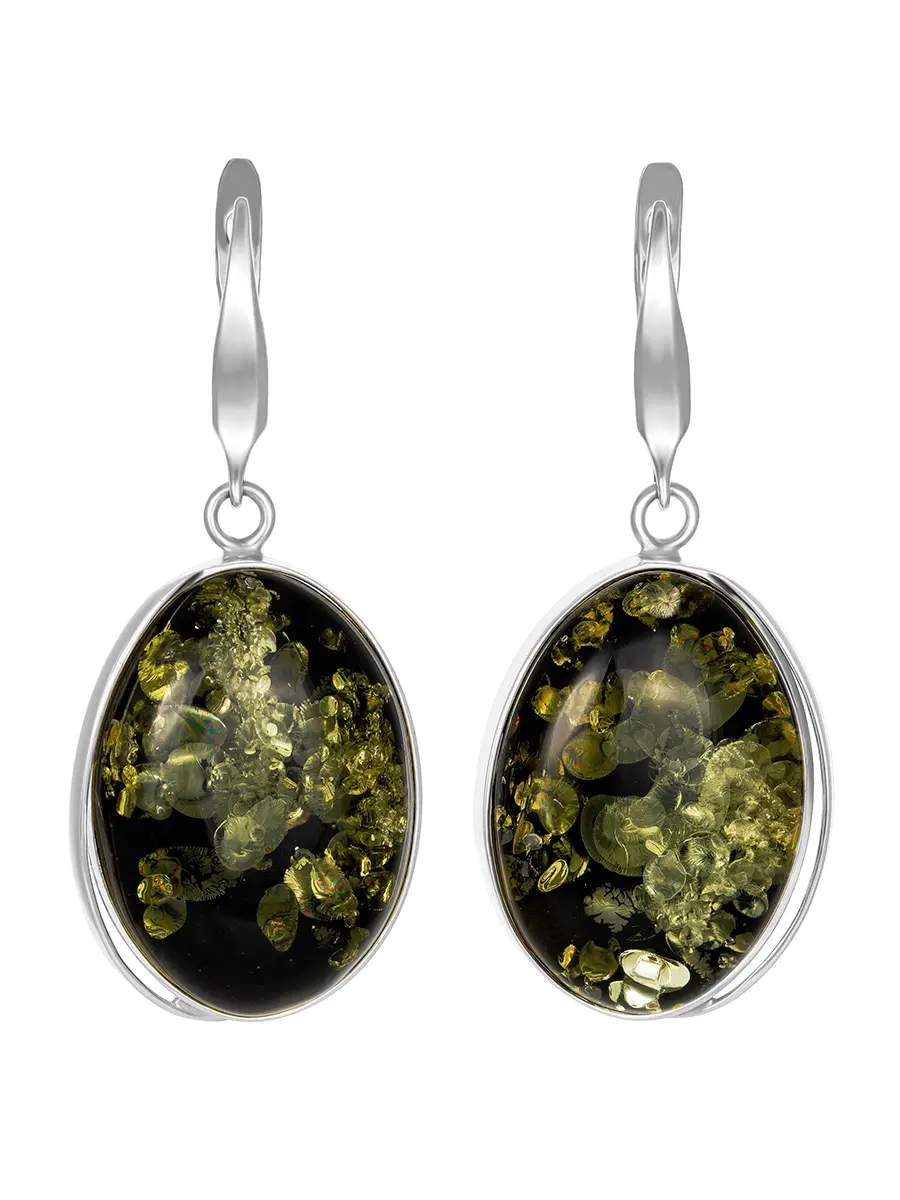 картинка Крупные овальные серьги с натуральным сверкающим янтарем золотисто-зеленого цвета «Лагуна» в онлайн магазине