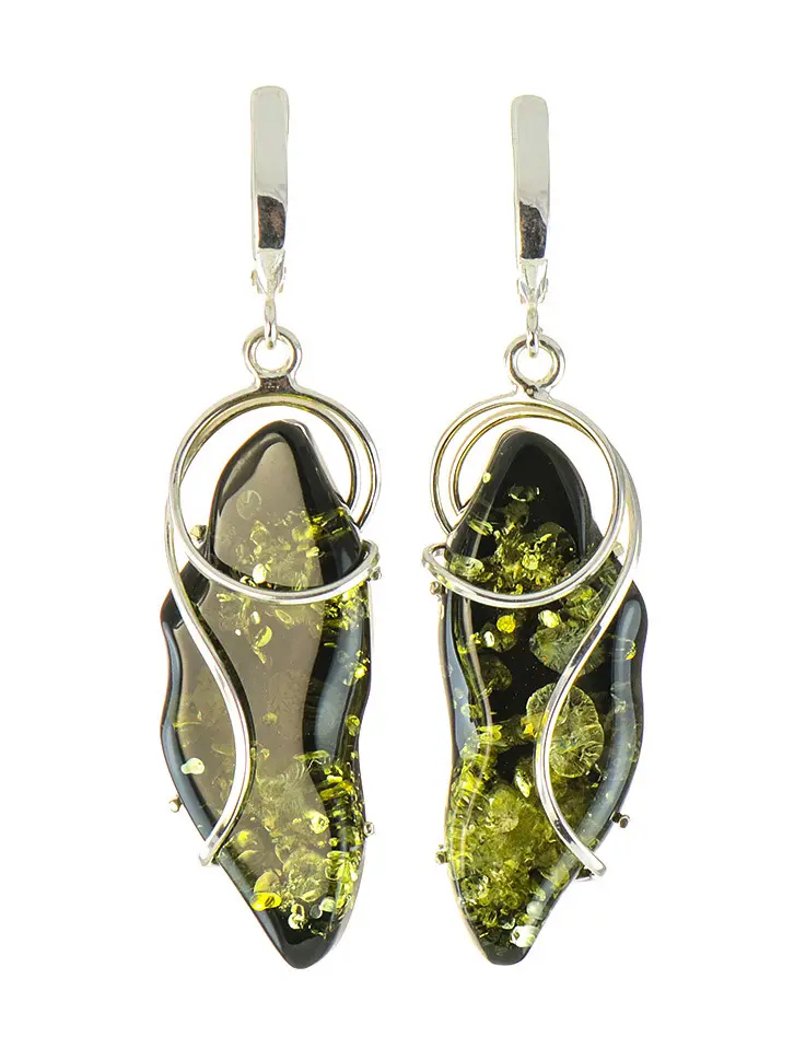 картинка Крупные фигурные серьги из зеленого искрящегося янтаря в серебре «Риальто» в онлайн магазине