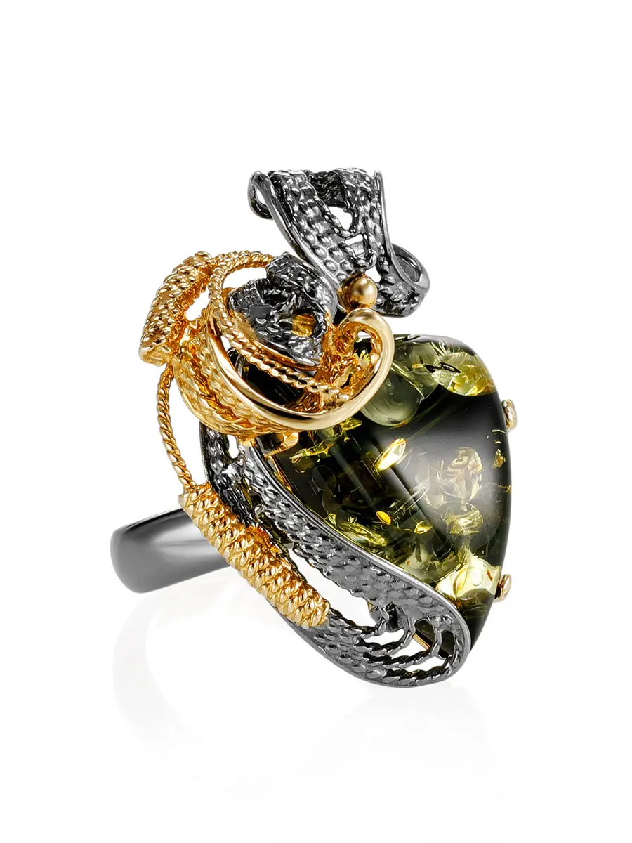 картинка Яркое нарядное кольцо из натурального янтаря в серебре с позолотой «Филигрань» в онлайн магазине