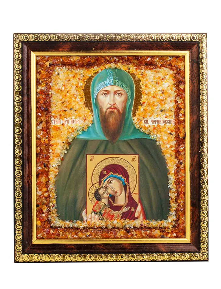 картинка Именная икона, украшенная янтарём «Святой преподобный Игорь Черниговский» в онлайн магазине