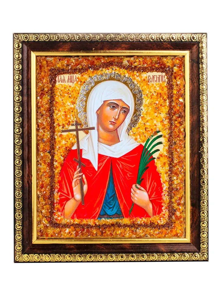 картинка Именная икона, украшенная натуральным янтарём «Святая мученица Валентина» в онлайн магазине