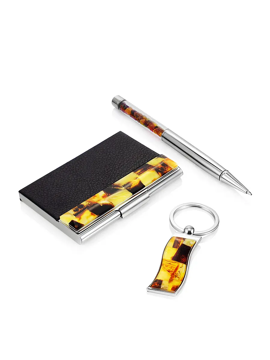 картинка Подарочный набор с брелоком, визитницей и ручкой, украшенными янтарной мозаикой в онлайн магазине