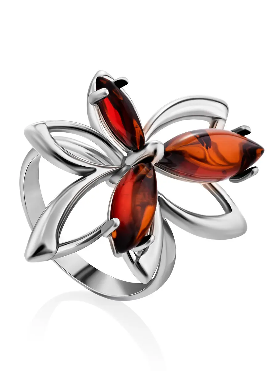 картинка Нежное кольцо с натуральным балтийским янтарём коньячного цвета «Нарцисс» в онлайн магазине
