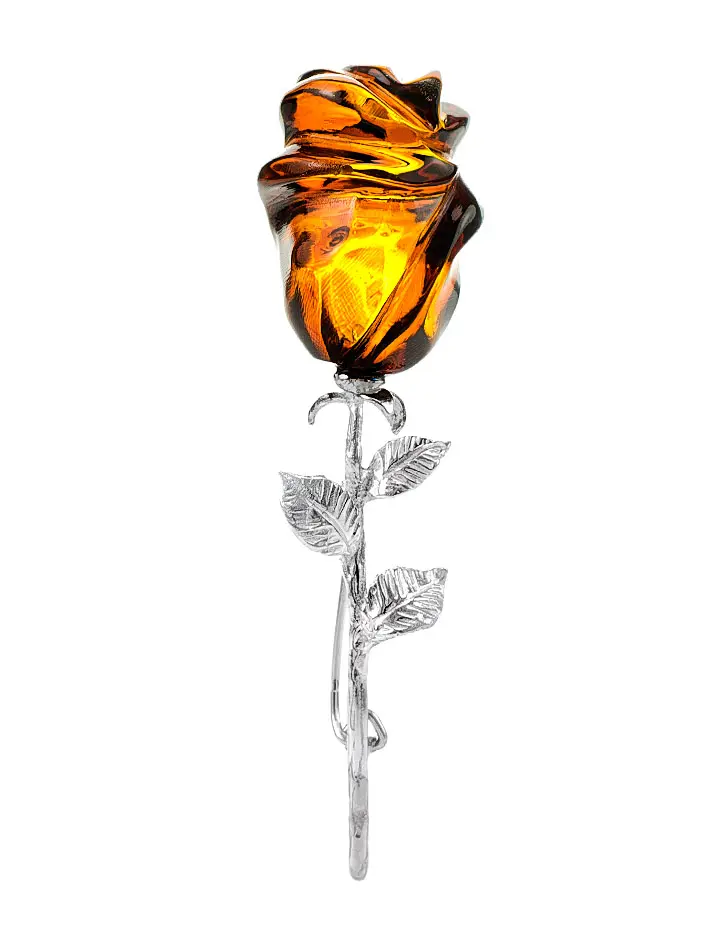 картинка Нарядная брошь «Роза» из серебра и натурального коньячного янтаря в онлайн магазине