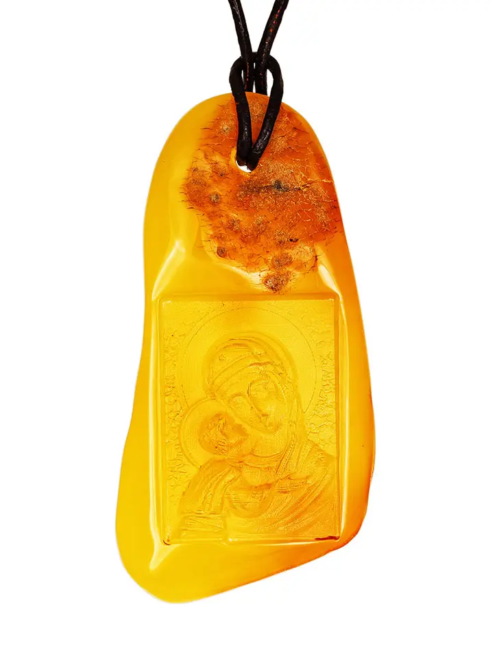 картинка Подвеска из  натурального янтаря с резьбой «Богородица Игоревская» в онлайн магазине