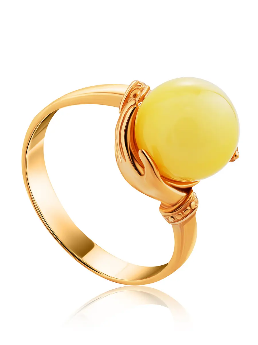 картинка Нежное кольцо из золота 585 пробы с натуральным медовым янтарём «Объятия» в онлайн магазине
