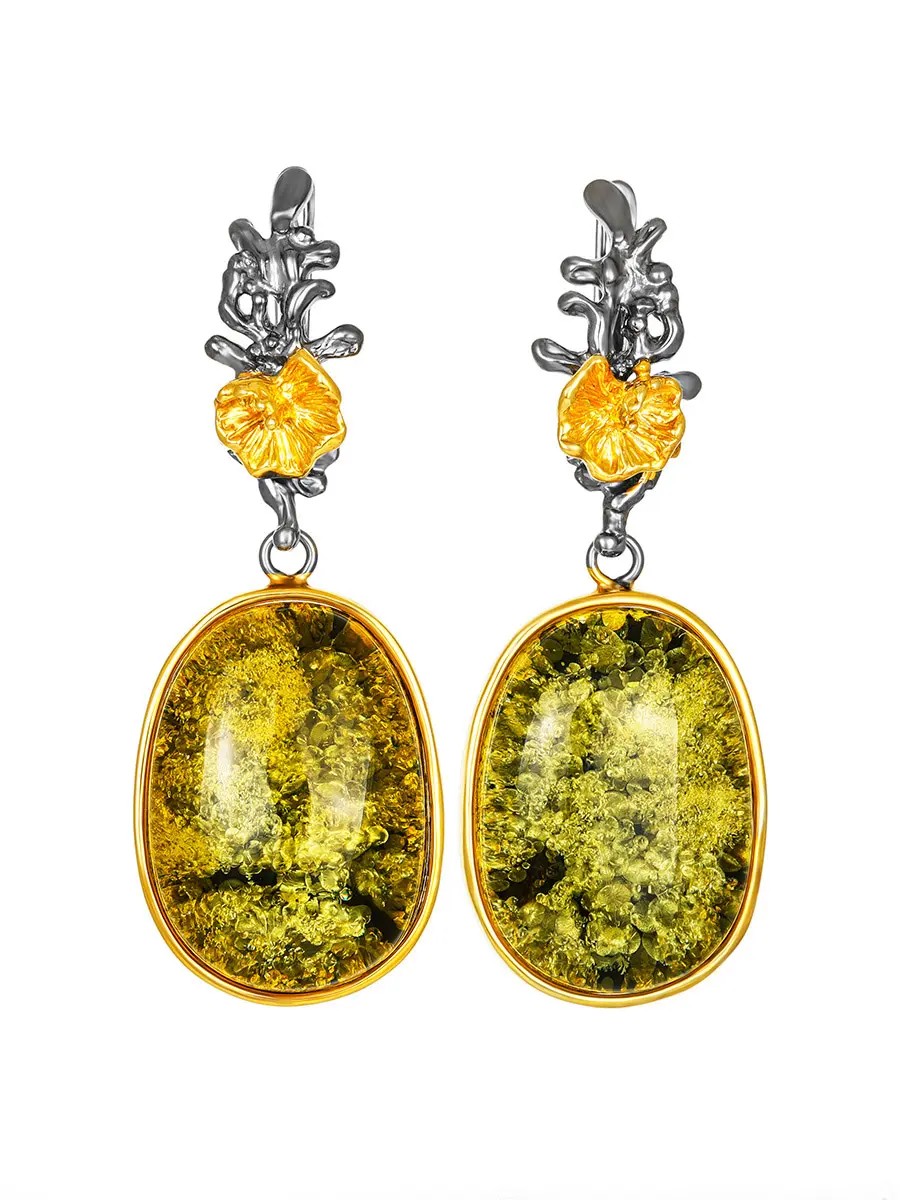 картинка Нарядные серьги с искрящимся янтарём зелёного цвета «Версаль» в онлайн магазине