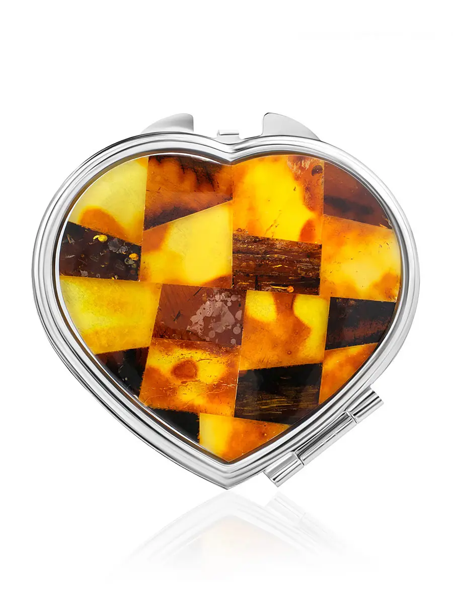 картинка Красивое двойное зеркальце в форме сердца с мозаикой из натурального балтийского янтаря в онлайн магазине