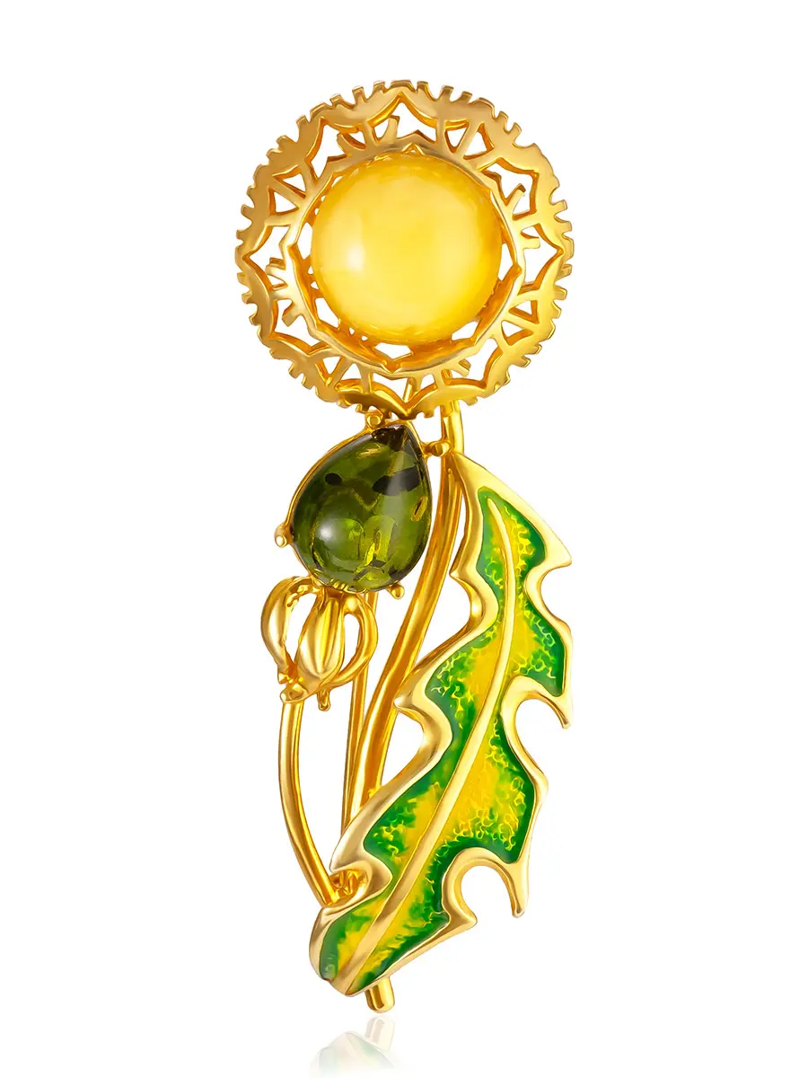 картинка Красивая эффектная брошь «Одуванчик» с эмалью и позолотой, украшенная янтарём в онлайн магазине