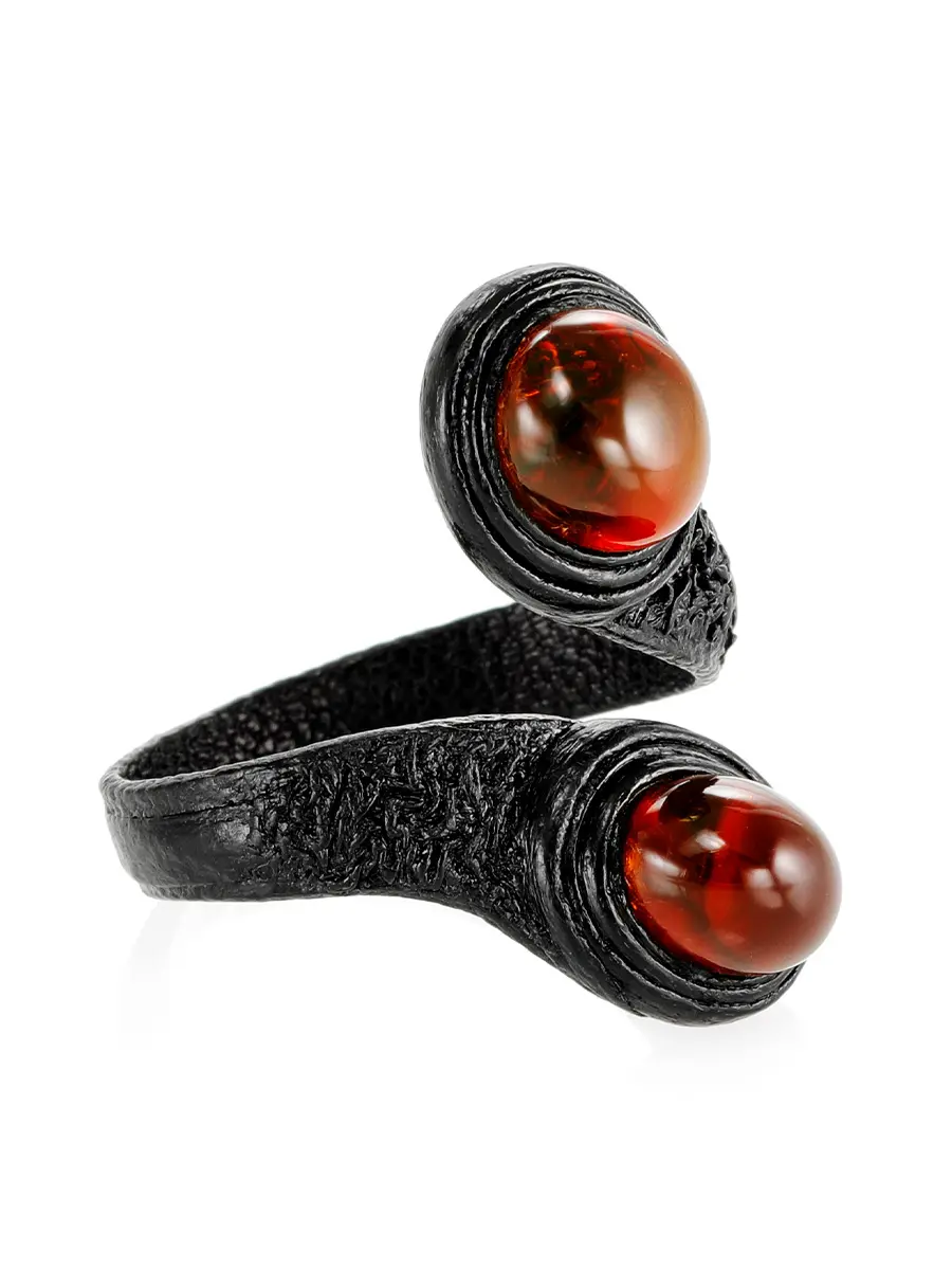 картинка Оригинальное кольцо из натуральной кожи с натуральным янтарём «Змейка двойная» в онлайн магазине