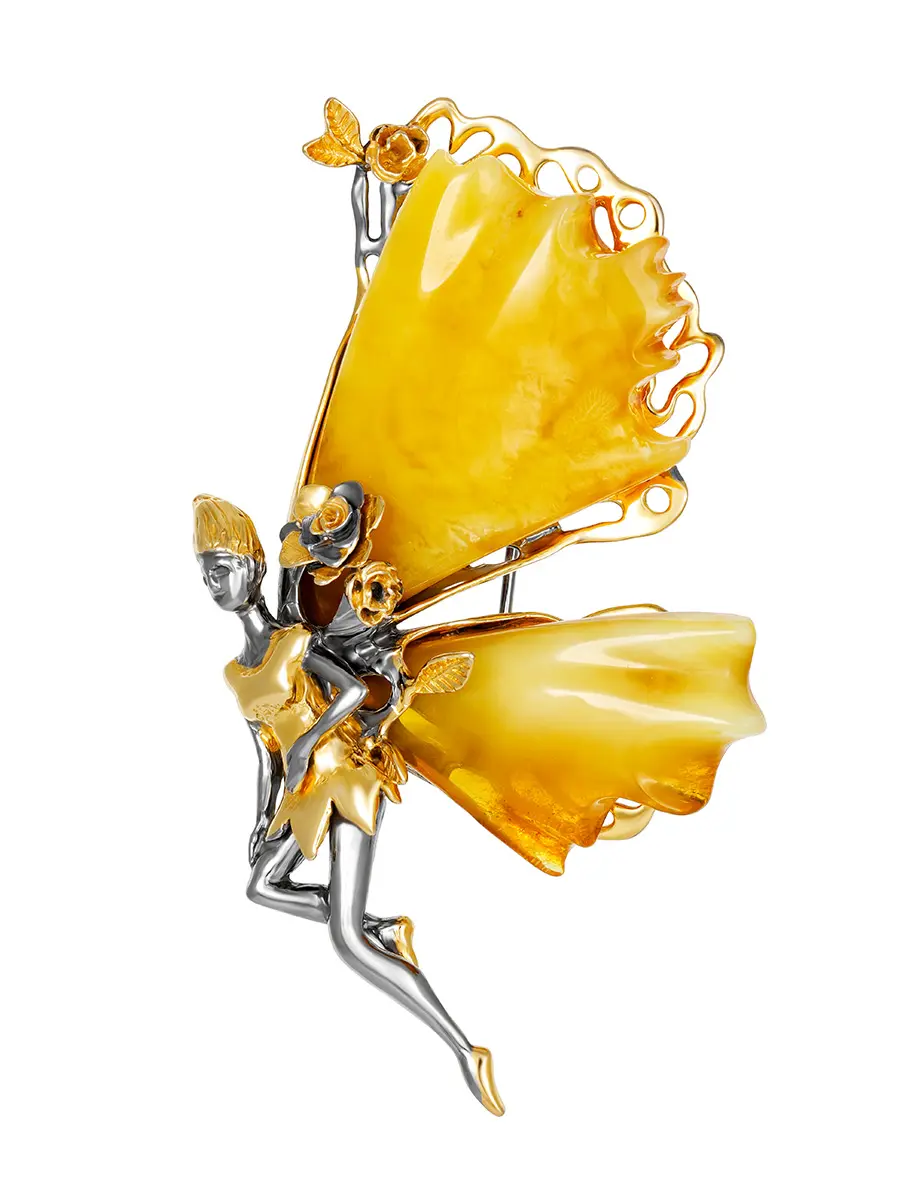 картинка Брошь из позолоченного серебра и нежно-медового янтаря «Фейри» в онлайн магазине