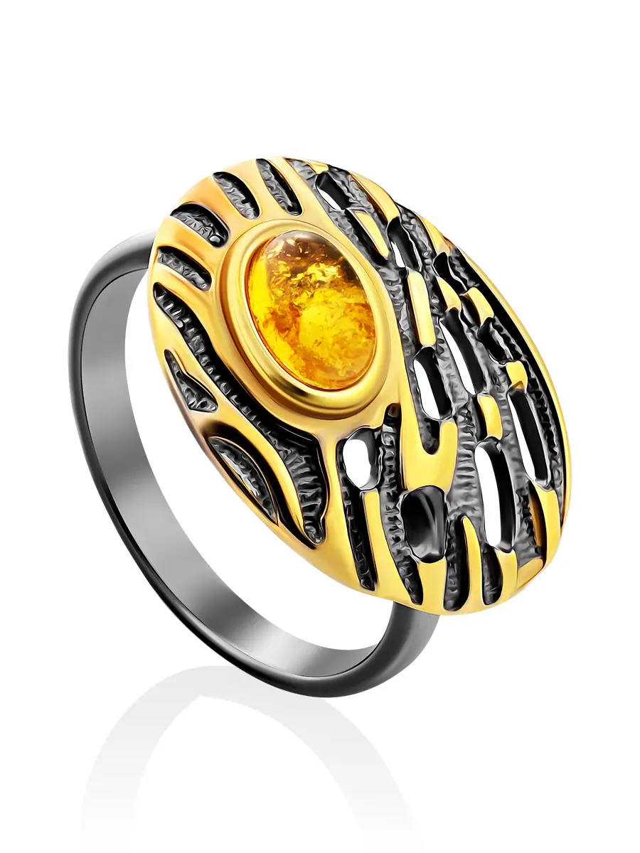 картинка Стильное ажурное кольцо из серебра с золочением и натурального янтаря «Донателла» в онлайн магазине