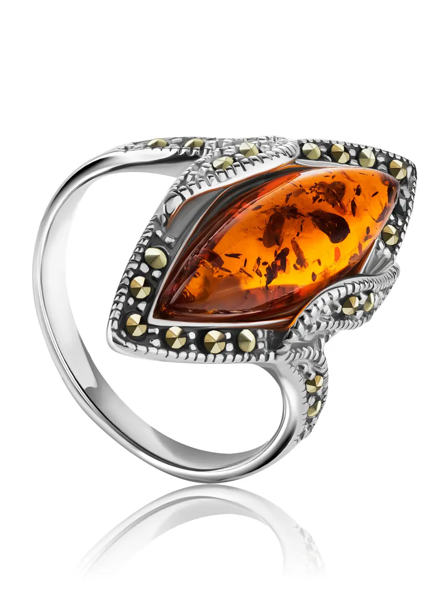 картинка Изысканное кольцо «Эйфория» из серебра, украшенное марказитами и янтарём в онлайн магазине