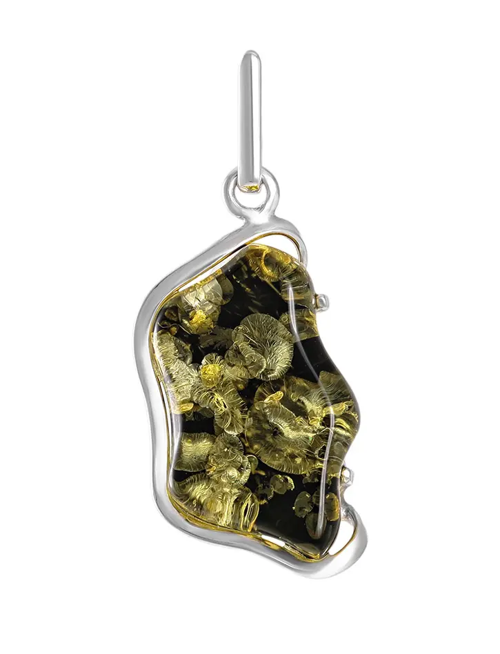 картинка Красивый глянцевый кулон из искрящегося янтаря зелёного цвета в серебре «Лагуна» в онлайн магазине
