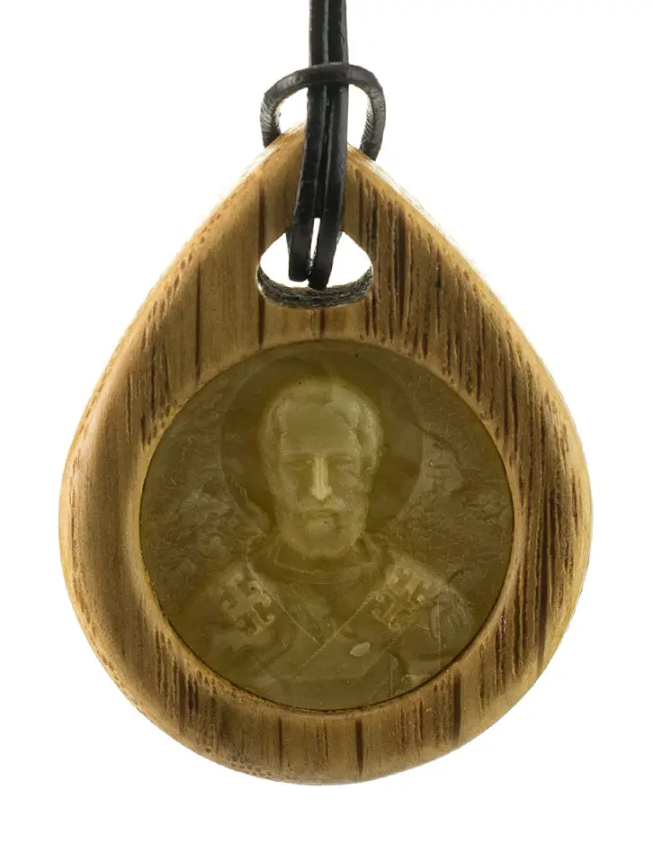 картинка Подвеска из дерева и натурального медового янтаря с резьбой «Николай Чудотворец» в онлайн магазине