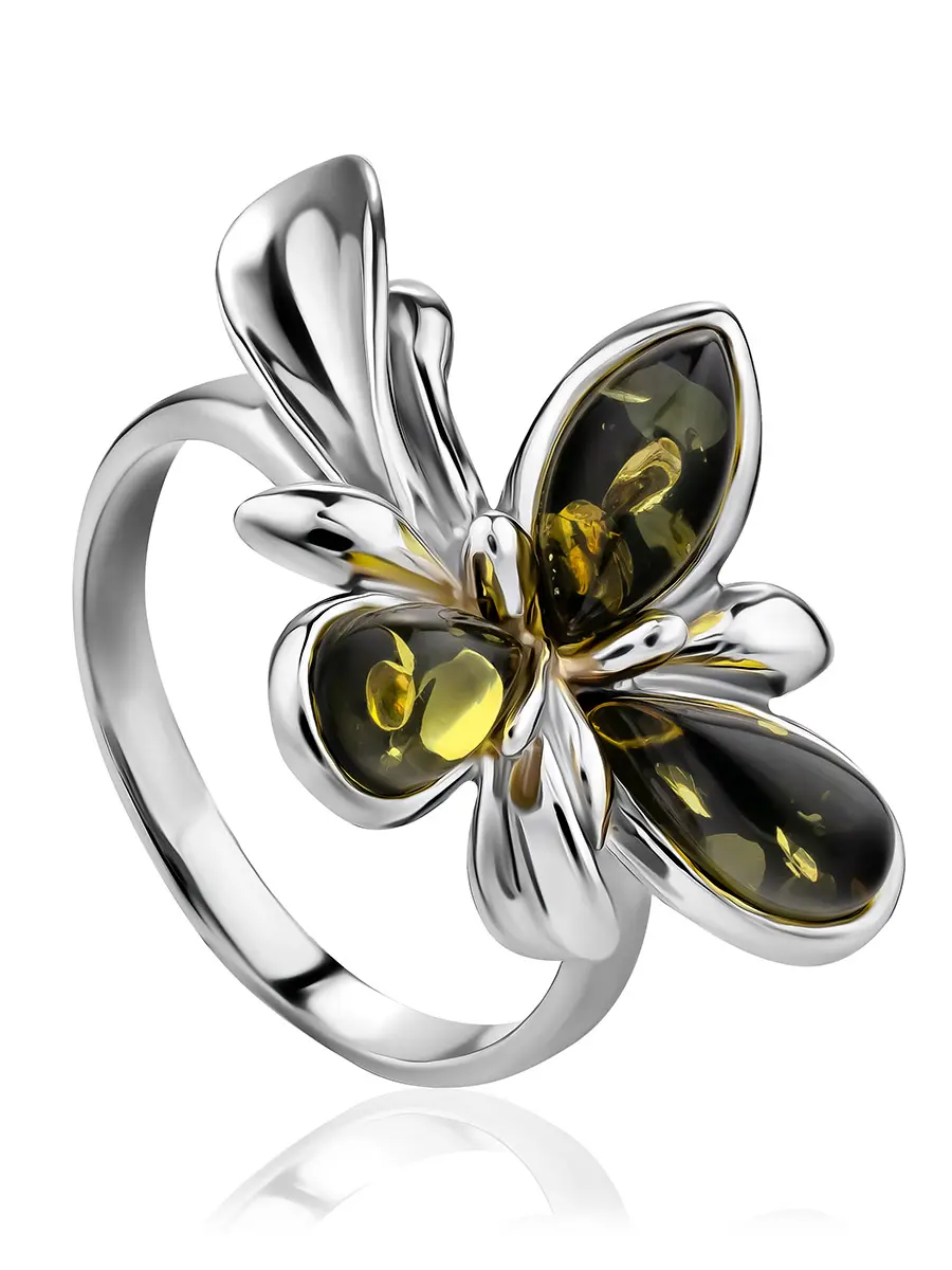картинка Нежное кольцо из серебра и натурального янтаря зелёного цвета «Кипарис» в онлайн магазине