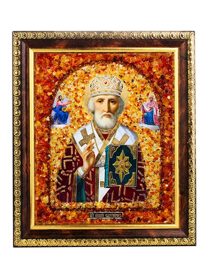 картинка Икона с натуральным янтарём «Святой Николай Чудотворец» в онлайн магазине