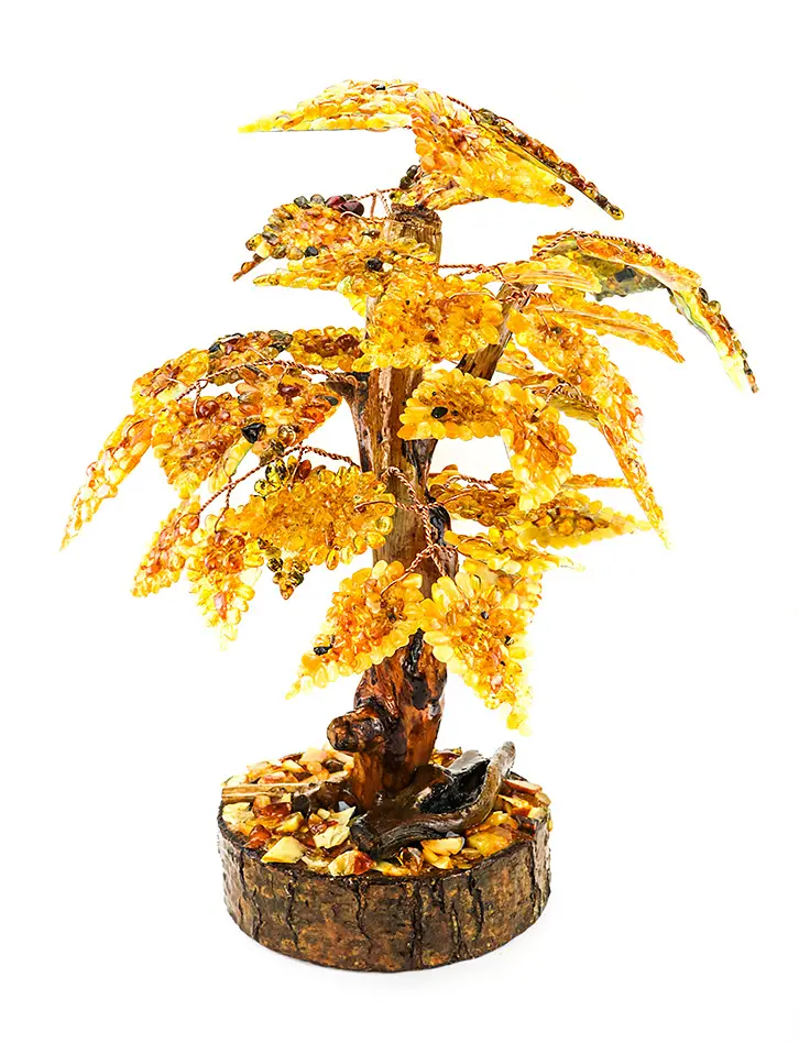 картинка Раскидистое дерево с крупными листьями из натурального янтаря золотисто-коньячных оттенков в онлайн магазине