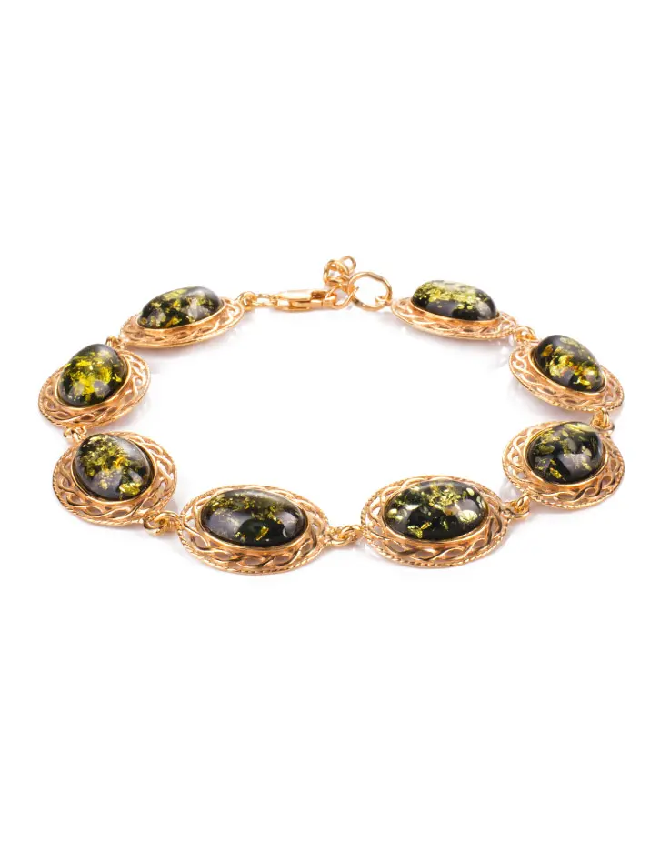 картинка Яркий позолоченный браслет с натуральным янтарём зелёного цвета «Вавилон» в онлайн магазине