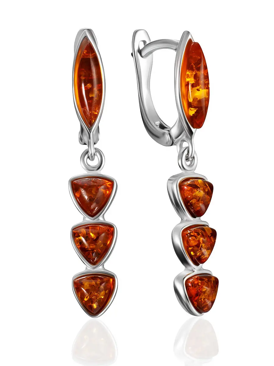 картинка Небольшие изящные серьги с янтарными вставками «Зигзаг» в онлайн магазине