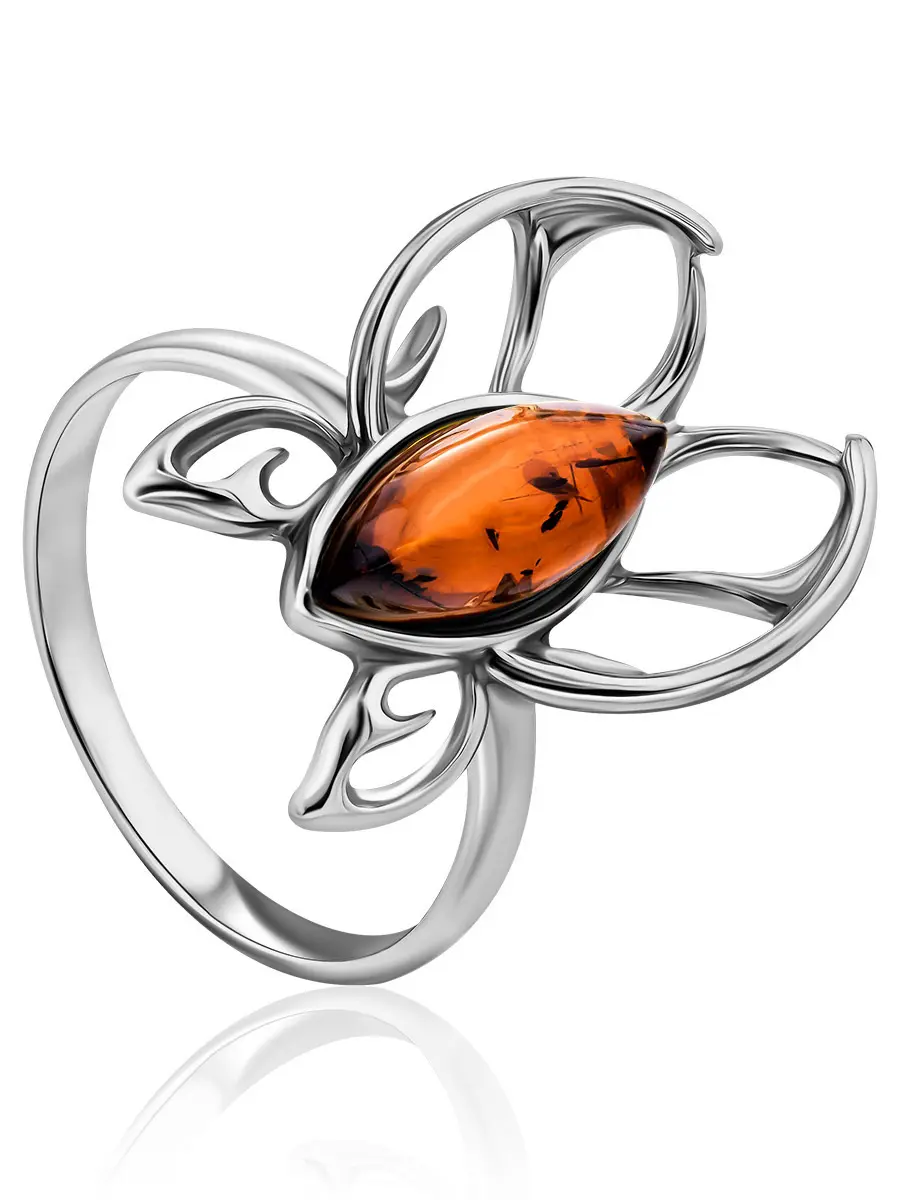 картинка Утонченное кольцо из серебра с натуральным янтарём «Апрель» в онлайн магазине