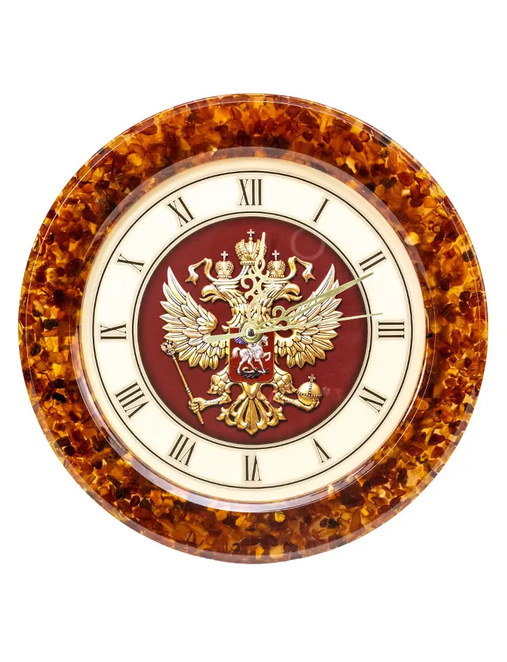 картинка Настенные часы в янтарной оправе «Герб России» в онлайн магазине