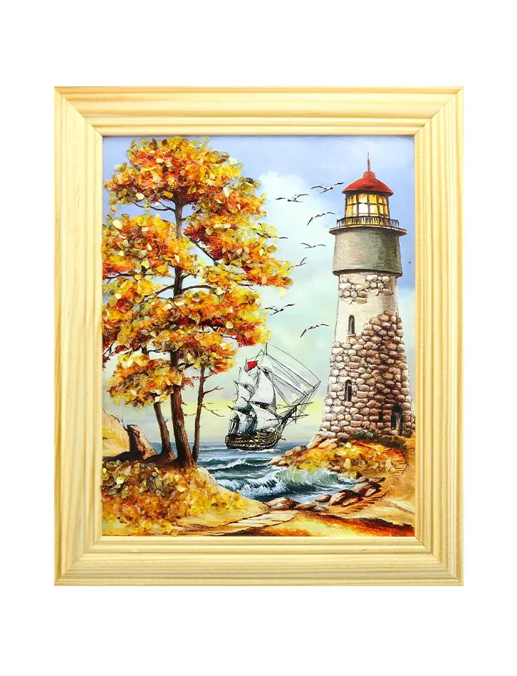 картинка «Парусник и белый маяк». Небольшая вертикально ориентированная картина, украшенная янтарем в онлайн магазине