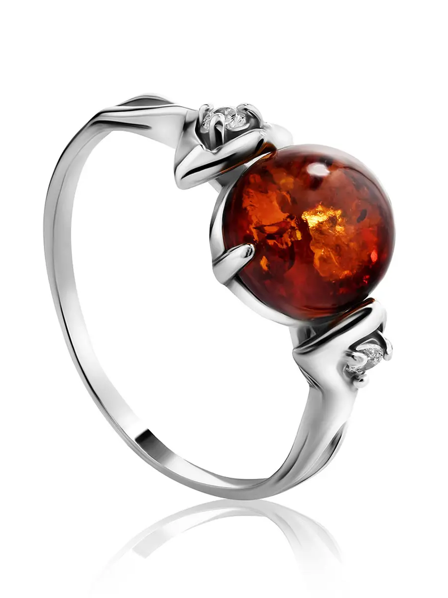 картинка Лёгкое кольцо «Самбия» с янтарём и цирконитами в онлайн магазине