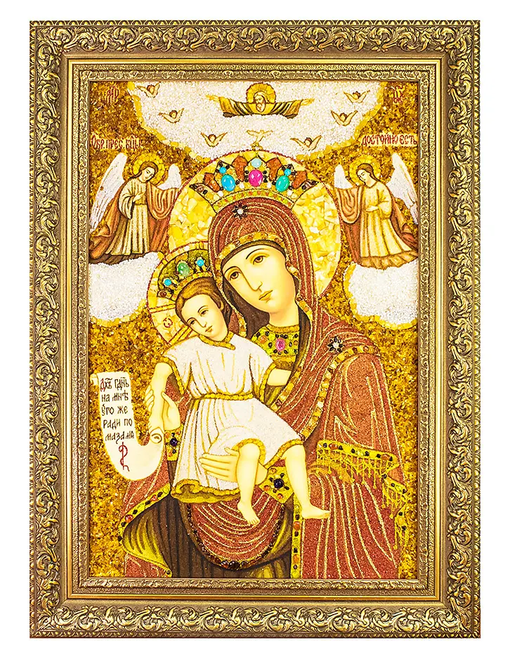 картинка Большая икона Богоматери  «Достойно Есть» из натурального янтаря и перламутра с самоцветами в онлайн магазине